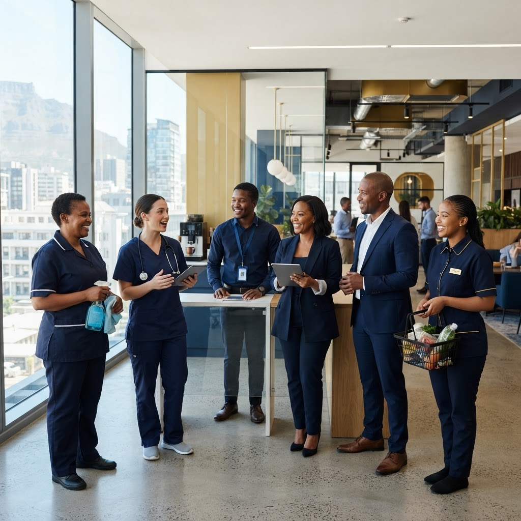 A diverse group of cleaners, cashiers, business leaders and professionals representing faith at work